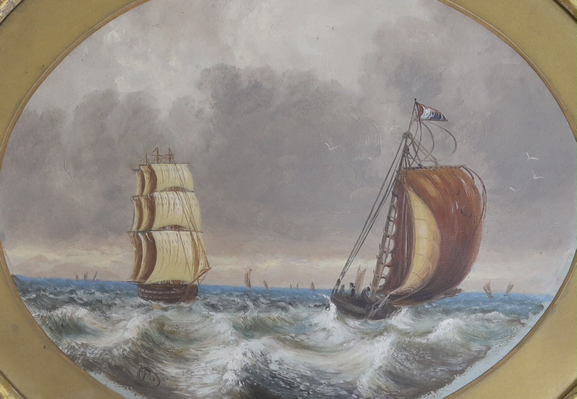 M. Duncan, oil on board, Shipping at sea, monogrammed, 21 x 27cm